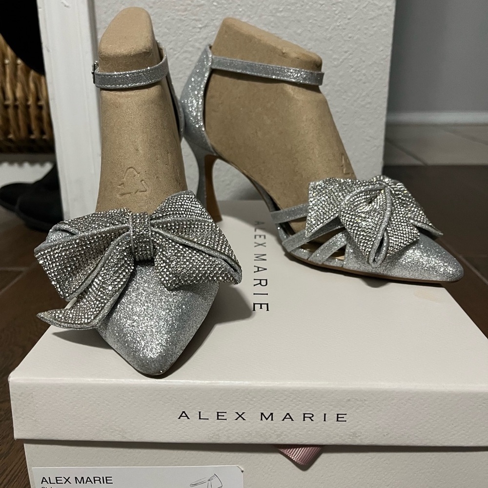 Alex Marie Sparkling Silver Heels with Bow Accent